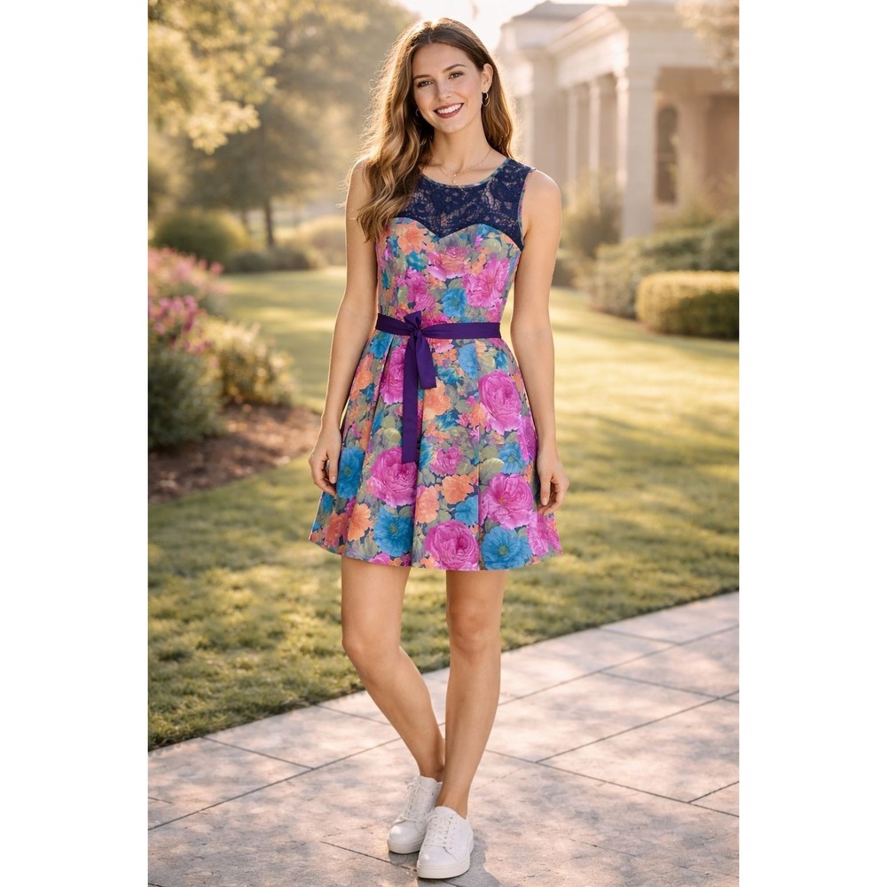 TATYANA Women's Floral Fit Flare Dress MEDIUM Lace Top Sleeveless Knee Lenght
